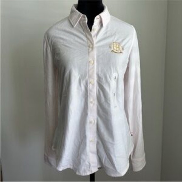 Tommy Hilfiger Pink White Striped Button Down Shirt with Gold Embroidered Logo - Picture 3 of 14